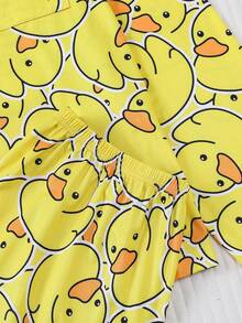 Set de 2 piezas de ropa de dormir para mujer de talla grande con estampado de pato lindo, que incluye camisa de manga larga con cuello y botones, y pantalones con cintura elástica suave. Conjunto elegante para uso diario, pijama para fiestas de vacaciones, ropa cómoda para estar en casa.