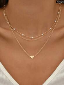 3-Layer Minimalist Heart-Shaped Faux Pearl Necklace Set For Women, Elegant Dainty Jewelry Perfect For Dates, Gatherings, Vacations, Everyday Wear, And Holiday Gifts, Stylish Layered Accessory For Any Occasion - Kiểu 1 - Xem 4
