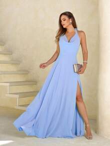 Serenity Blue Halter Long Dress With Tie Strap Yasmin Party Dress Long Flowy Skirt With Lining And Slit Nm Nana Marie - 寧靜藍 - 查看 1