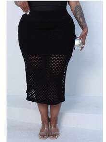 Plus Size Midi Skirt With Openwork Fabric In Modal Knit, Elegant, Casual - Black - View 6