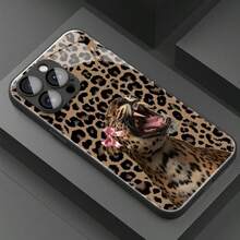 1pc Leopard Bow & Leopard Pattern Glass Material Phone Case, High-End & Elegant, Compatible With Iphone, Tempered Glass Material - Black - View 2