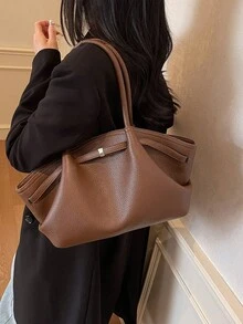 1pc Solid Color PU Leather Shoulder Bag, Women's Vintage Fashion Large Capacity Handbag With Dual Handles And Snap Closure, Suitable For Travel, Shopping, Dating, Women's Gift, Suitable For Teenage Girls, College Students, And Office Ladies, Great For Office, School, Work, Business, Commuting, Outdoor, Travel, Picnic - Coffee - View 2