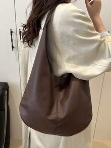 Sac à épaule/cabas en PU de couleur unie pour femmes, grande capacité - Café - Voir 4