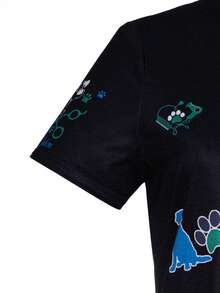 Uniformes de enfermera con cuello en V, manga corta, estampado de perros y huellas de patas, para primavera y verano, con bolsillos para mujeres - Multicolor - Ver 5