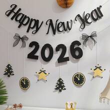 2026 SZCZĘŚLIWEGO NOWEGO ROKU, dekoracyjny baner na imprezę, czarno-złote litery, cyfry, butelka wina, fajerwerki, zegar, chorągiewka, zestaw ścienny - Wielokolorowe - Zobacz 4