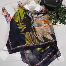 100% Mulberry Silk Scarf For Women Lightweight Long Scarves Beach Wraps Cover Up -Travel Photography Scarfhalloween - 紫藍蓮花 - 查看 8