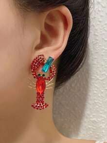 1 Pair High-End Diamond-Encrusted Lobster & Fish Shaped Stud Earrings For Women – Zinc Alloy With Electroplating Treatment – Bold And Exaggerated Design Perfect For Casual Wear And Statement Looks - 紅色 - 查看 2