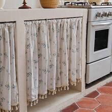 1pc Floral Cotton Kitchen Short Curtain/Cafe Curtain, Without Curtain Rod, Vintage Pastoral Romantic Daisy Pattern Semi-Sheer Beige Tassel Curtain, Cafe Country Farmhouse Kitchen Half Curtain - Multicolor - View 14