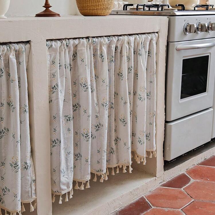 1 pieza Cortina corta de cocina con patrón floral de algodón/Cortina de café, sin barra de cortina, cortina semitransparente con borlas de estilo vintage y romántico con patrón de margaritas, bolsillo para barra, cortina clásica de media ventana para cocina de estilo granja, apta para uso doméstico y comercial, se puede usar para decoración de cocina y ventanas, combinación de cortinas vintage y decoración navideña de ventanas - Multicolor - Añade 12