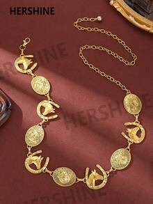 Hershine 1 szt. damski pasek vintage w stylu kowbojskim/kowbojki w stylu western, z trójwymiarową dekoracją głowy byka i konia, turkusowa intarsja w talii, uniwersalny łańcuszek, odpowiedni do swetrów, na plażę, na jesienne przyjęcia, do codziennego użytku, na Halloween, na lato, do szkoły, na jesień