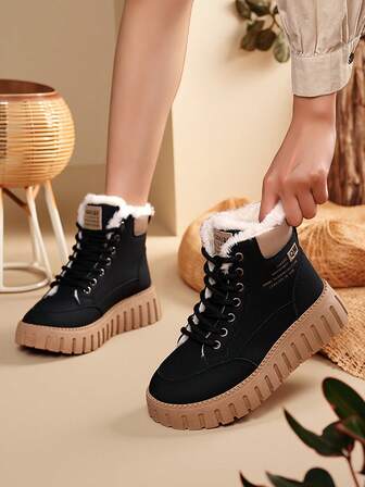 1 Pair 2025 New High-Top Fleece Boots For Girl, Thick Sole Casual Warm Street Style, Suitable For Teenagers Outdoor Leisure, Minimalist Fashion