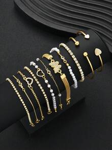 Bộ 3/8 chiếc vòng tay ngọc trai giả hình trái tim và bướm đơn giản dành cho nữ, dùng khi đi nghỉ, hẹn hò, làm quà tặng, phụ kiện thường ngày mùa hè - Vàng 1 - Xem 3