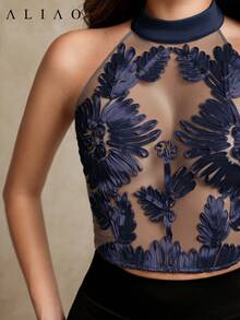 Aliao 夏季花卉钩编网纱刺绣 3D 透视吊带背心，优雅性感，适合婚礼、新年、日常穿着 - 藏蓝色 - 查看 4