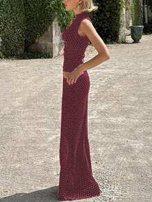 Women's Solid Color Polka Dot Camisole And Long Skirt 2 Pieces Set, Fitted Sexy Outfit For Birthday Party, Nightclub, Date, Casual Wear Summer Vacation Elegant - Burgundy - View 6