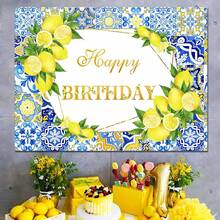 Lemon Birthday Background, Lemon Party Tapestry Decoration, Blue Tiles, Moroccan Mediterranean Background, Italian Lemon Birthday Banner, Photography Background For Happy Birthday Supplies, Photo Booth Props - 彩色 - 查看 4