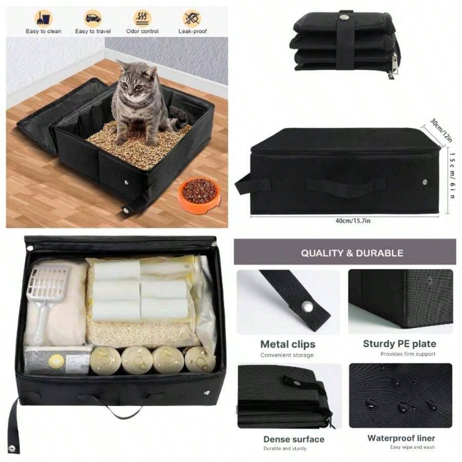 Caja de porttil para gatos con tapa con cierre, caja de de viaje plegable, sin fugas, sin olor, impermeable, fcil de llevar, fcil de usar en hoteles, automviles - Negro oscuro - Ver 1