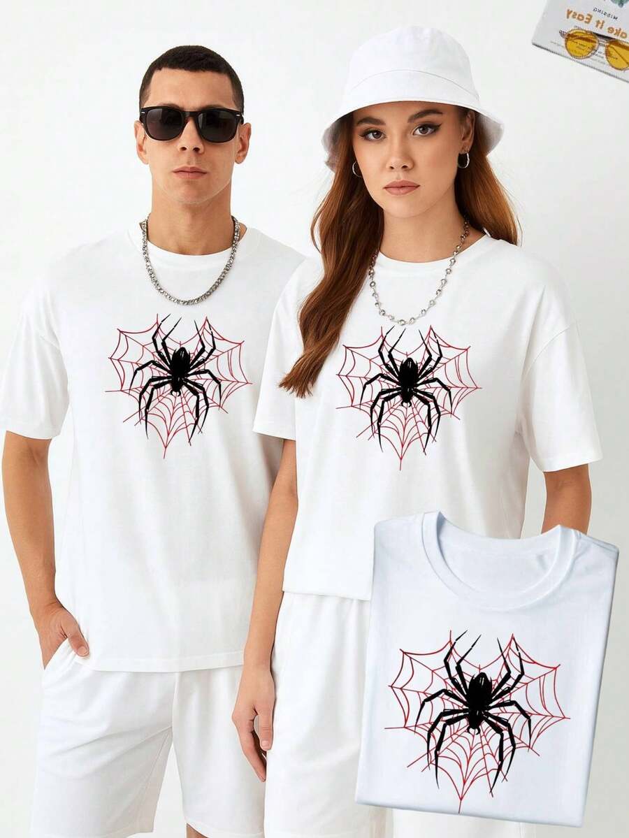 Playera para parejas, Una pieza, araña, cuello redondo, playera blanca - Blanco - Ver 1