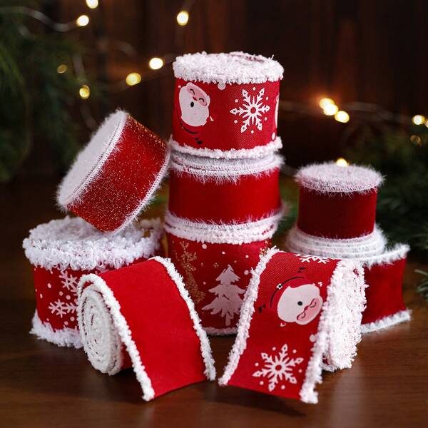 1pc Christmas Red Plush Edged Ribbon Snowflake Print Bowknot Gift Wrap Decor Accessory