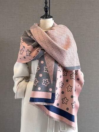 1条优雅的三叶草提花设计仿羊绒保暖围巾，适合女士使用，适用于空调房，时尚百搭，秋冬季可作连衣裙围脖。