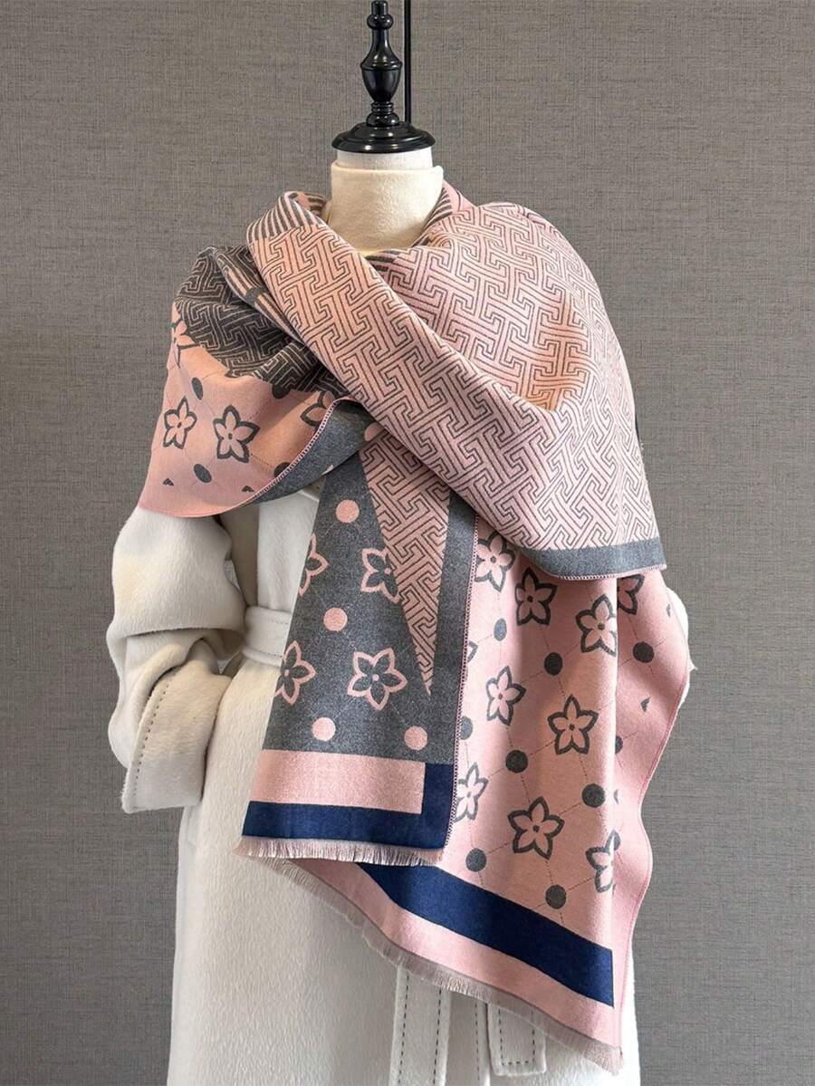 1条优雅的三叶草提花设计仿羊绒保暖围巾，适合女士使用，适用于空调房，时尚百搭，秋冬季可作连衣裙围脖。 - 粉色 - 查看 1