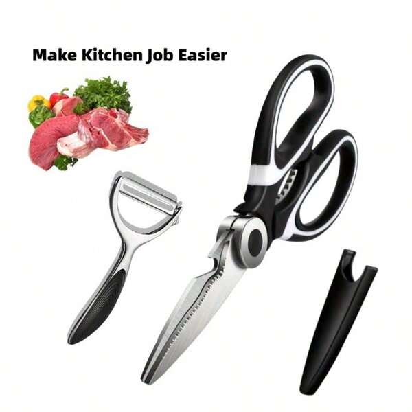 1pc Black Kitchen Shears (Peeler Included), Sharp Stainless Steel Poultry Scissors For Cutting Chicken Bones, Vegetables, Seafood, Kitchen Tool, Outdoor Cooking Scissors