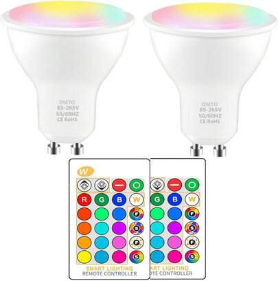 RGBW Color Changing Atmosphere Lighting, GU10 Base IR Remote Control Dimmable With Memory Function 40W Equivalent For Home Decoration Stage Bar KTV Party (RGB+Daily Lighting, 2-Pack)