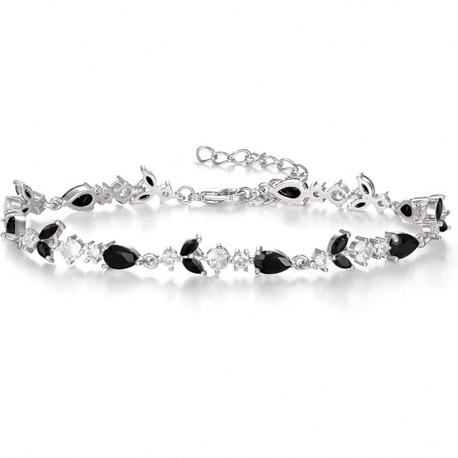 Crysdue Wedding Bridal Link Bracelet Brides Bridesmaids, Marquise Cubic Zirconia Tennis Bracelets Women Prom Jewelry - 02_黑色,銀色 7.5-9.1英寸 - 查看 1