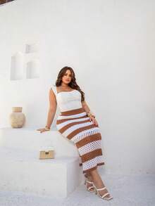 Plus Size Midi Skirt With Openwork Fabric In Modal Knit, Elegant, Casual - Beige With White - View 4