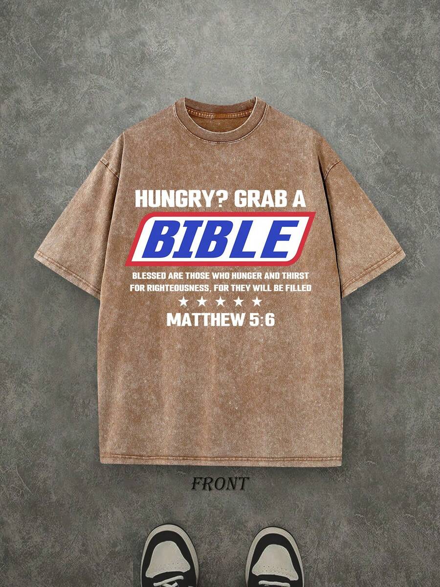 HUNGRY? GRAB A Unisex Washed Christian Shirt, Christian Scripture T-Shirt, Vintage Retro Washed Shirt Single-Sided Printed (230 Heavyweight Pure Cotton T-Shirt)  High Quality Christian T-Shirt, Christian Gifts, Men's And Women's Shirts, Comfortable, Fashion Christian Shirt, Street Style Pure Cotton Fall Shirt - Cà phê nâu - Xem 1