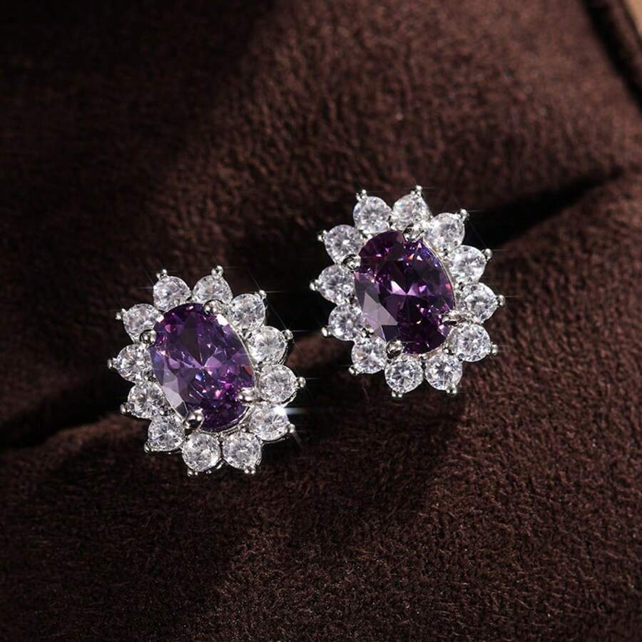 1 Pair Halo Stud Earrings For Women, Oval Cubic Zirconia With Crystal Surround, Metallic Tone Vintage Inspired Jewelry, Multiple Colors Available - Purple - View 1