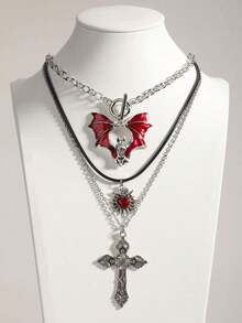 3pcs Vintage Gothic Style Beaded Black Heart OT Chain, Punk Rock Retro Sweet Goth Cross Necklace, Dark Gothic European & American Y2K Choker Necklace Design - 銀級 2 - 查看 7