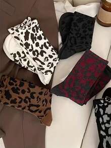 5 Pairs Women's Leopard Print Socks - High-Waisted Stackable Mid-Calf Retro Fashion Socks With Bold Animal Print, Assorted Colors For Fall Winter Outfits,Worthy Stylish Accessories, Novelty So - Multicolor - View 6