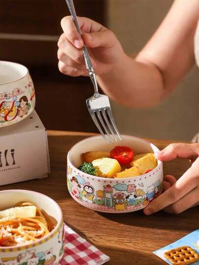 1pc Cute Cartoon Ceramic Bowl, Suitable For Afternoon Tea Desserts, Yogurt, Salads, Breakfast Oatmeal, Home, Restaurant, Cafe, Dessert Shop, Gift, Gathering, Party