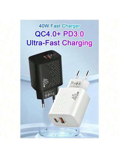 40W Dual-Port Fast Charger With USB/Type-C Ports, Compatible With IPhone 17/16 Pro Max/16 Pro/15 Pro Max/15 Pro And Compatible With Samsung Galaxy S25/S24/S23/S22, Supports Simultaneous Multi-Device And Multi-User Charging-Ideal For Home, Office, And Travel