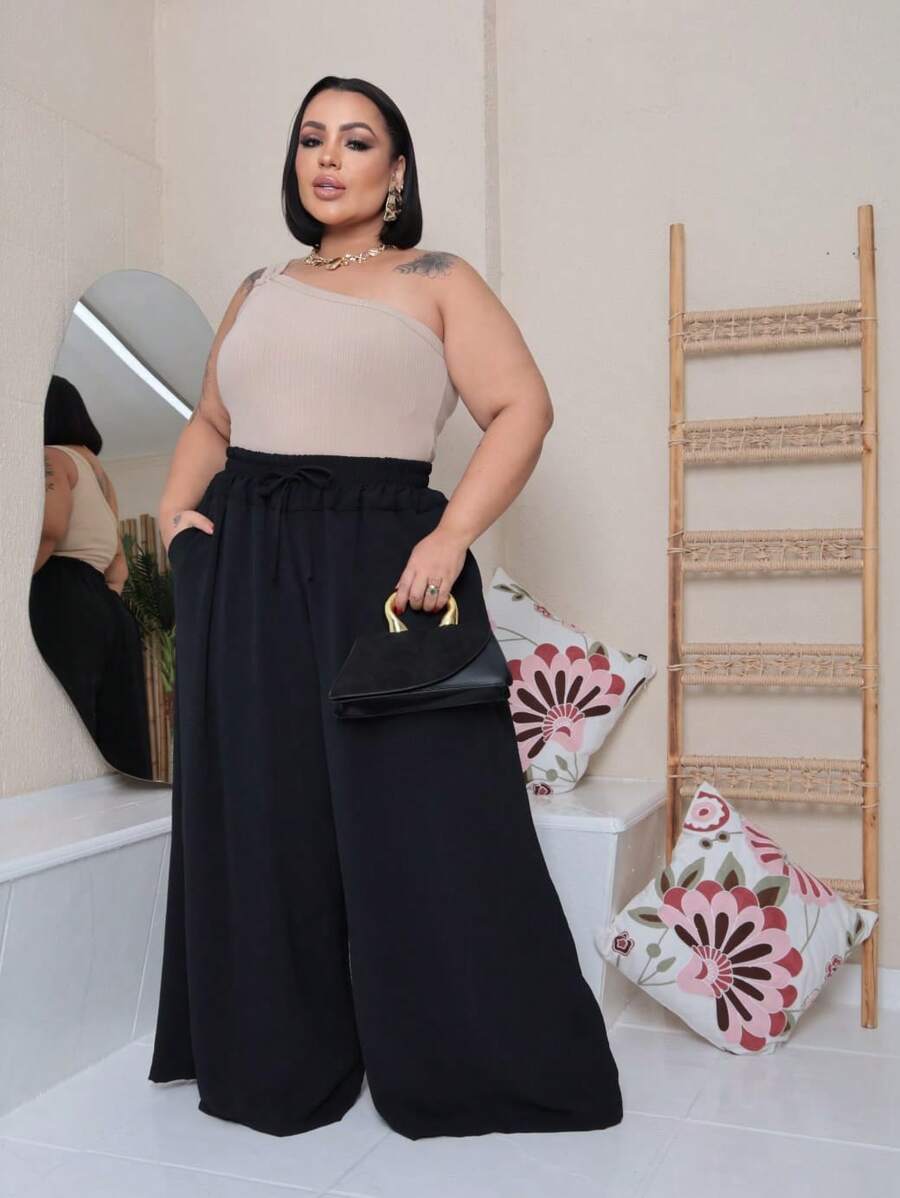 Maxi Pantalona Plus Size Without Slit Duna Fabric Elastic Waist - 黑色 - 查看 1