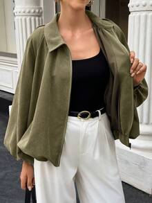 Women's Solid Color Puff Sleeve Zipper Pleated Jacket