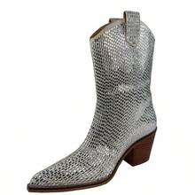 ARiderGirl Miracle Women's Western Cowboy Boots Crystal Rhinestone Embellished Stacked Leather Heel With Stitched Welt Snip Pointed Toe Mid Calf Boots - 銀色 - 查看 9
