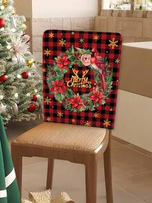 1 teiliges Set, Restaurantstuhlbezug, schwarz-rotes kariertes Weihnachts-Serienmuster für Stuhlbezug, Cartoon Weihnachtsszene mit Schneemann und Weihnachtsbaum Muster, abnehmbare Stuhlbezüge für Küche, Restaurant, Party.