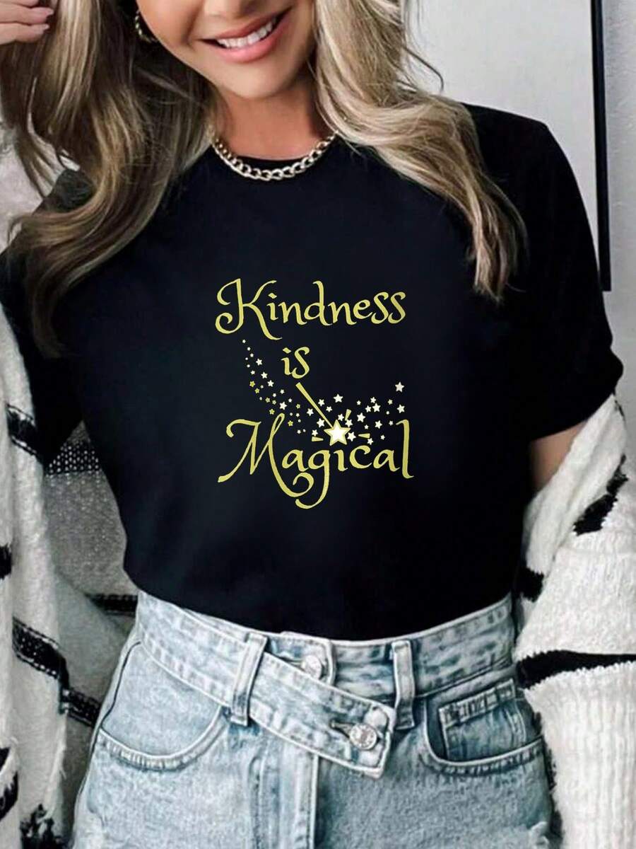 100% Cotton Womens Magic Wand Kindness Is Magical Positive Message O-Neck T-Shirt Summer Women For Top - màu đen - Xem 1