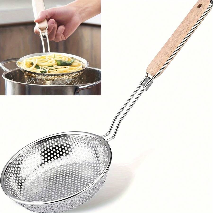 High-End Stainless Steel Wooden Handle Colander - Fine Mesh Cooking Spoon, Suitable Food Preparation And Oil Filtering - Choice Pasta And Noodles, Home Kitchen And Restaurant Use,Kitchen Accessories, A Must-Have Kitchen Tools Gift For Home Chefs, Space-Saving Storage For Kitchen Organizers , Christmas Kitchen Gifts Idea