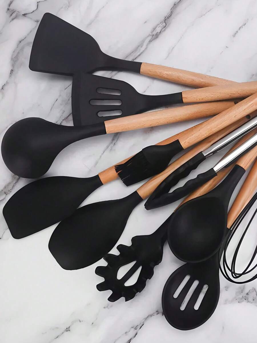 12pcs Silicone Kitchen Utensil Set. Non-Stick Spatula. Silicone Material. Upgraded Thicker, Durable. Silicone Spatula & Spoon Set. Heat Resistant Non-Stick Cooking Tools. Natural Solid Wood Handle. Easy To Clean, Dishwasher . Ideal For Holidays And Everyday Use - Perfect For Cooking.