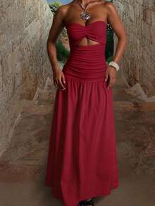 Onicee 夏季连衣裙，红色浪漫情人节套装，时尚女士纯色波西米亚风无肩带镂空A字度假派对连衣裙，适合情人节、约会、聚会、派对、旅行、度假、海滩等场合。 - 紅色 - 查看 2