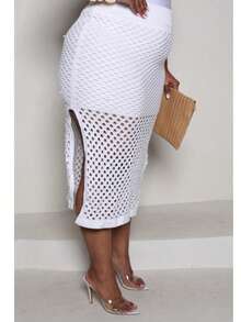 Plus Size Midi Skirt With Openwork Fabric In Modal Knit, Elegant, Casual - Off - View 7