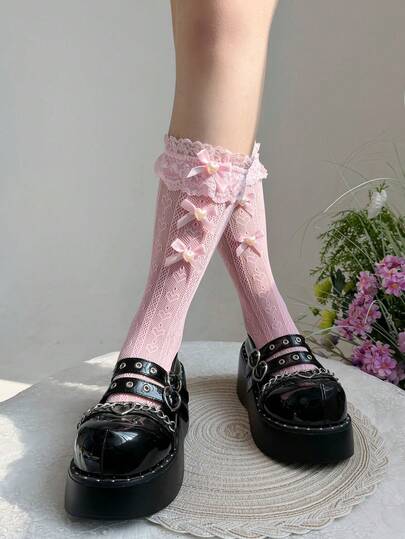 1 Pair Women's Lace Trim Bow & Pearl Decor Knee High Socks, Lolita Style, One Size Fits Most