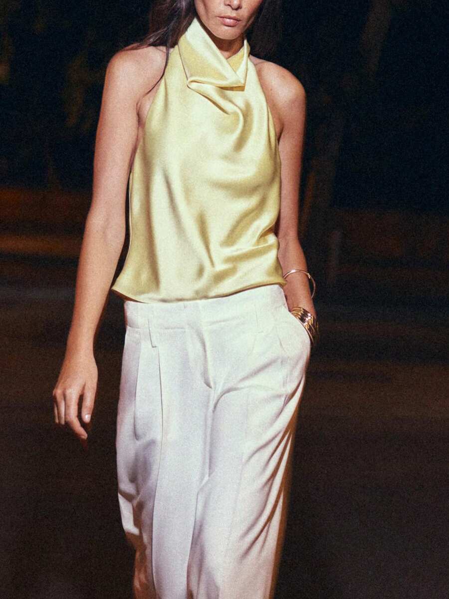Women Backless Halter Tops Y2k Silk High Mock Neck Sleeveless Crop Tank Tops Satin Open Back Night Out Camisole - 黃色 - 查看 1