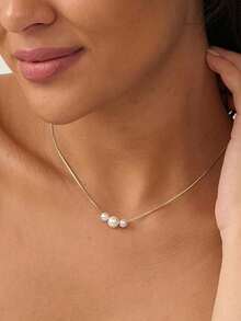 1pc Elegant Women's Jewelry New Minimalist Niche 3 Pearl Necklace, Elegant Versatile Clavicle Chain, Fashionable Simple Versatile Necklace Suitable For Daily Wear - Yellow Gold - View 7