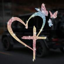 Shiny Heart Cross Butterfly Vinyl Sticker-Perfect For Cars, Trucks, Walls, Laptops, Etc.-Adhesive, Reusable, Sparkling, Birthday Gifts, Family, Friends, Gifts