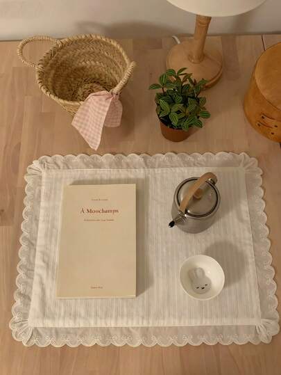 1/2/6枚 フレンチホワイトレースリボン装飾ドイリープレースマット、バレンタインデーやホームデコレーションに適しています