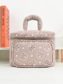 1pc Corduroy Teddy Bear Print Large Capacity Makeup Bag, Compartment Storage Design, With Handle And Front Zipper Pocket, Can Hold Cosmetics, Skincare, Nail Care And Toiletries, Suitable For Home Vanity, Dorm Storage, Travel And Short Trips - Multicolor - View 9
