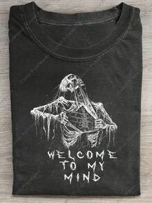 1pc Camiseta con Estampado de Calavera, Camiseta de Cuello Redondo 100% Algodón, Estilo Casual de Calle, Top de Manga Corta con Impresión por Transferencia de Calor, Ajuste Holgado para Todas las Estaciones, Ropa Casual de Fin de Semana para Adultos - Negro - Ver 2